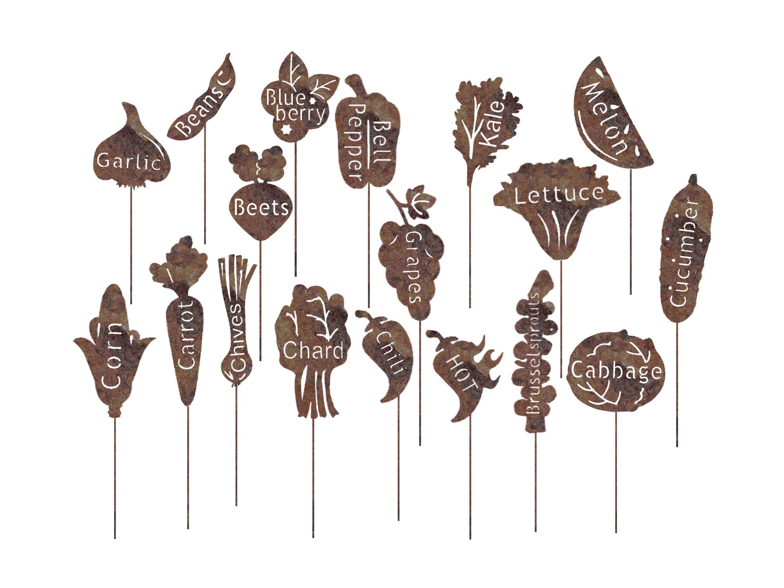 An assortment of metal art style garden markers.